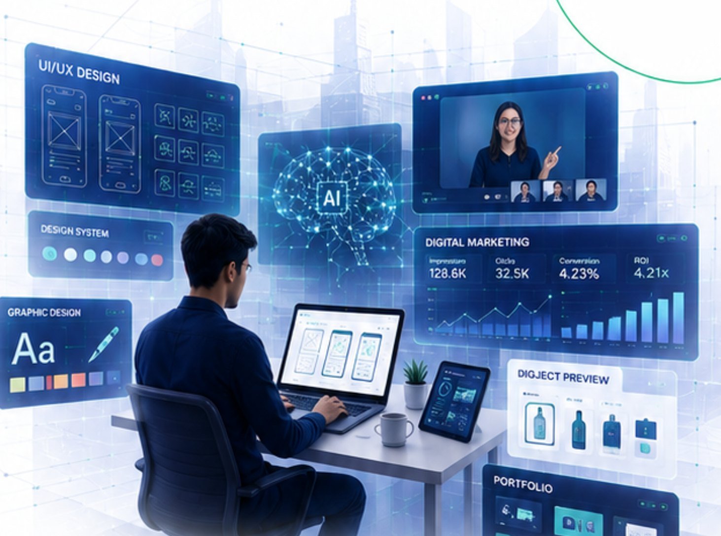 A Growvia learner working across design, marketing and AI tools